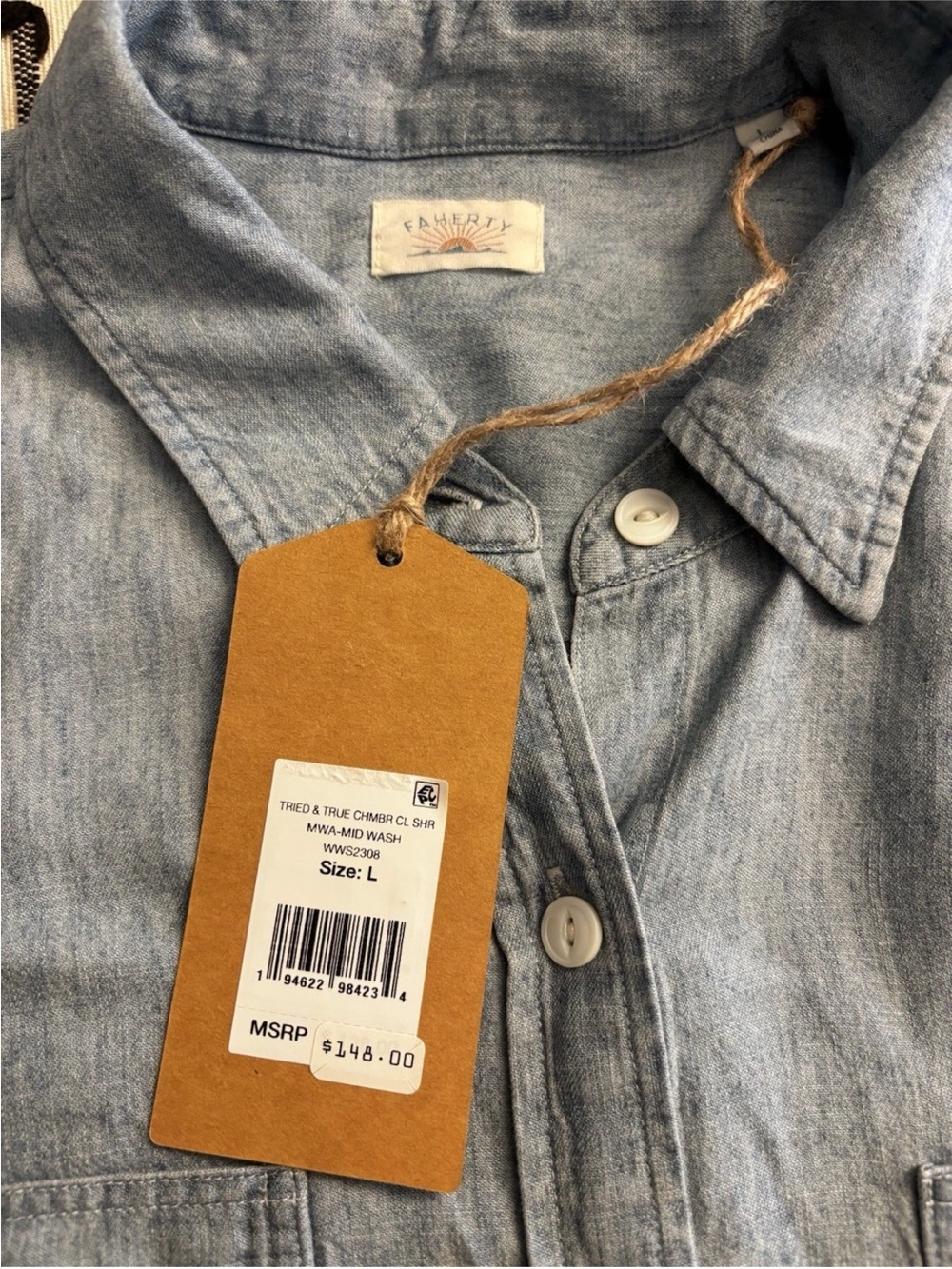 NWT FAHERY Tried & True Chambray Classic Shirt Size Large L Tencel Long Sleeve - Picture 5 of 6